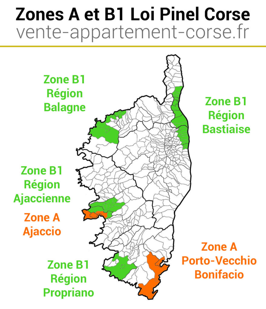 Zones A et B1 Loi Pinel Corse investissement immobilier - Carte des zones A et B1 en loi de défiscalisation Pinel pour la Haute Corse et Corse du sud